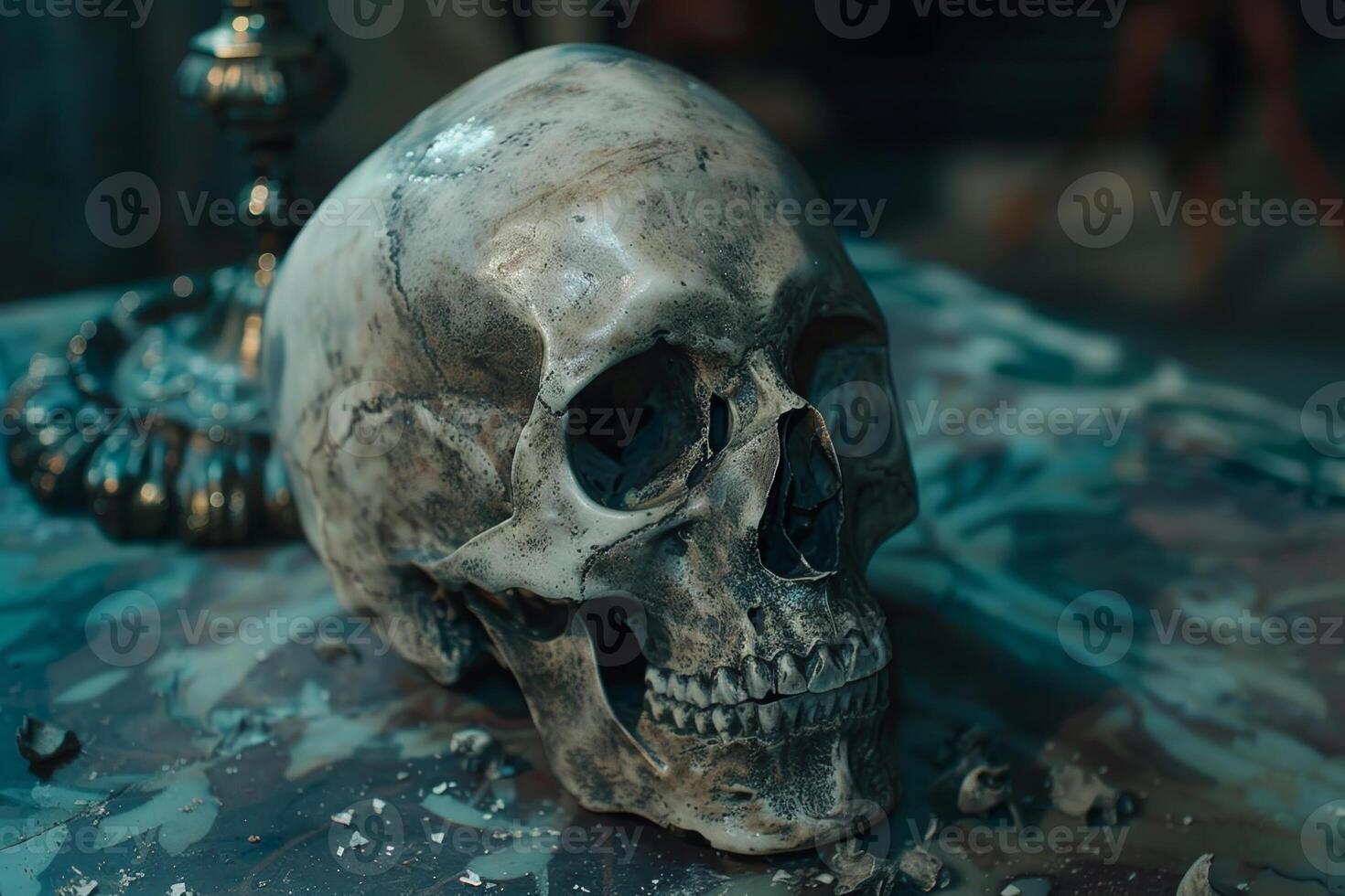 A skull is on a table with a blue background photo