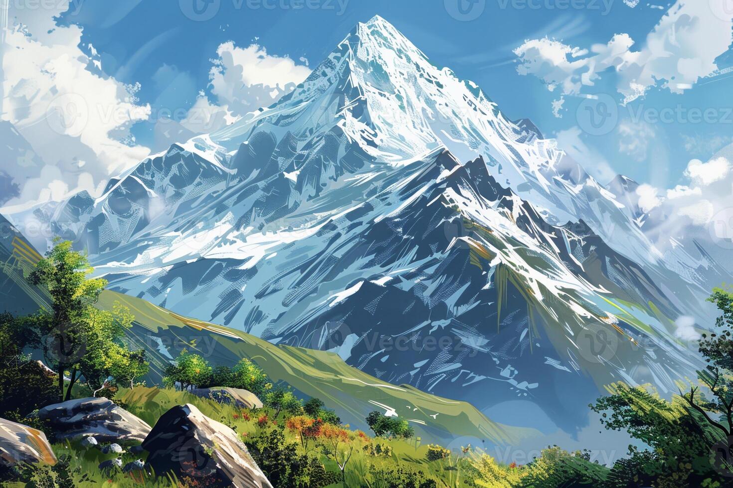 A mountain range with a snow covered peak and a lush green valley below photo