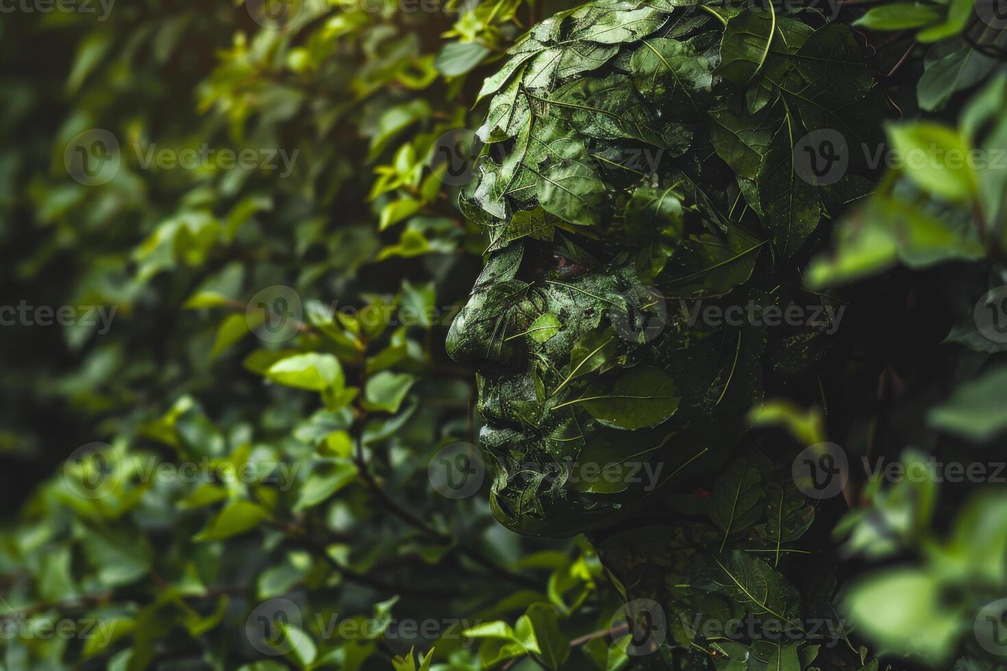 A man's face is covered in green leaves photo