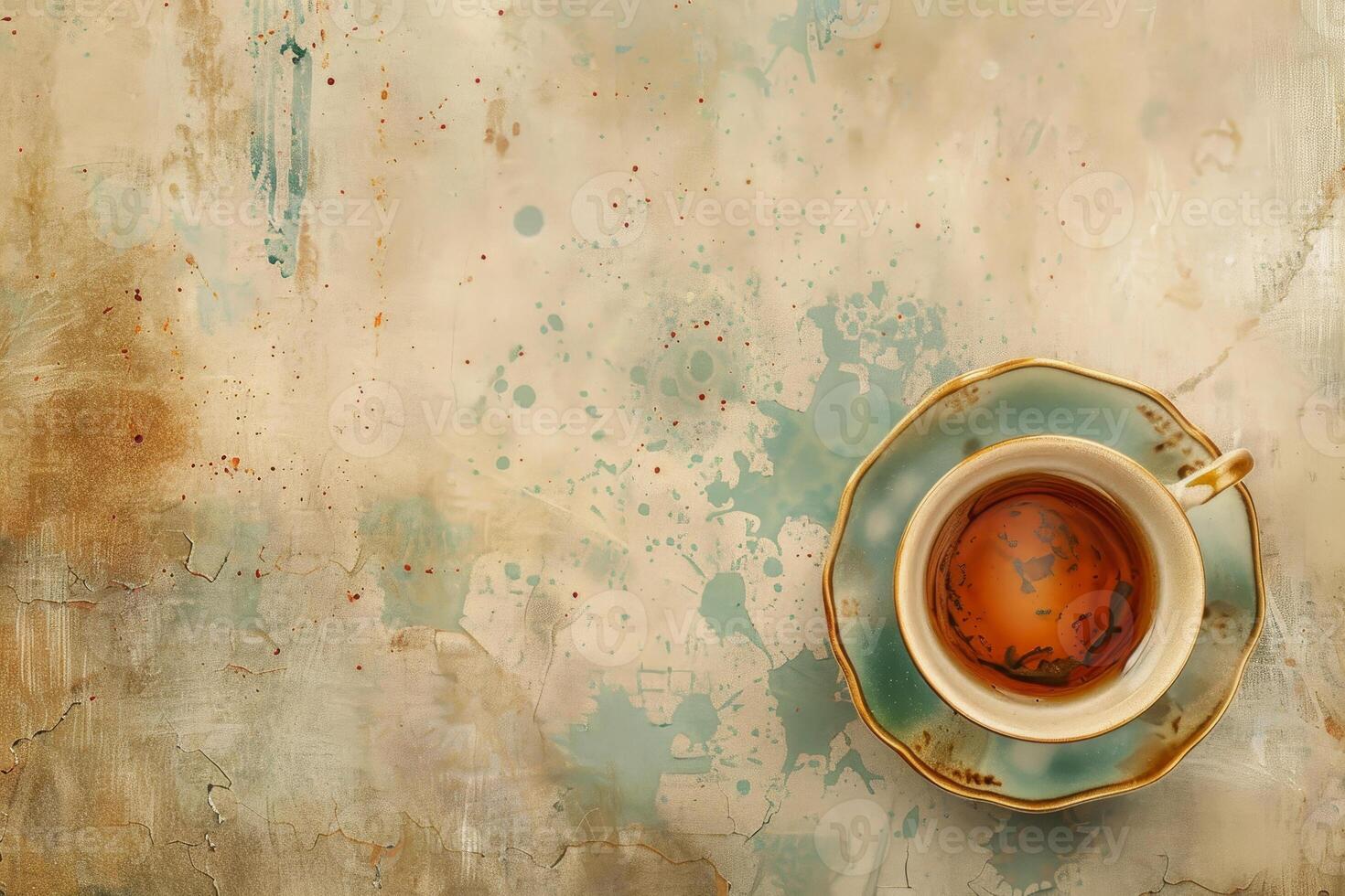 A cup of tea sits on a table with a grunge background photo