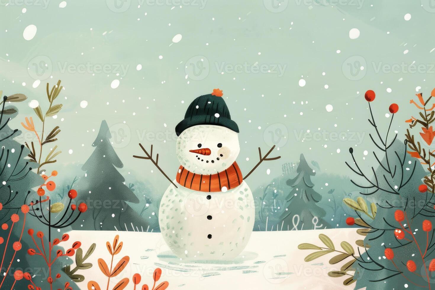 A cartoon snowman in the snow with red berries photo