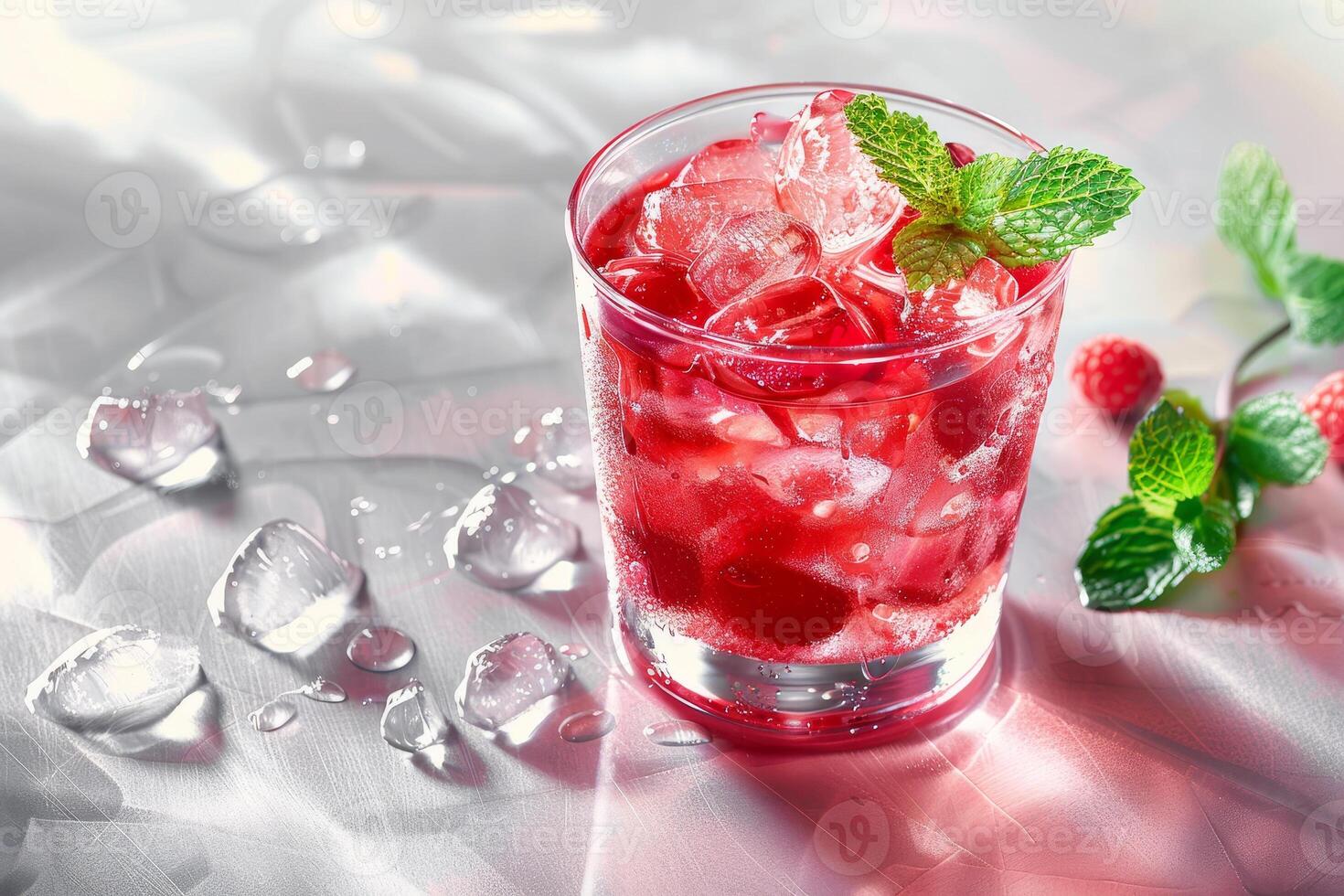 A glass of raspberry drink with ice and mint leaves photo