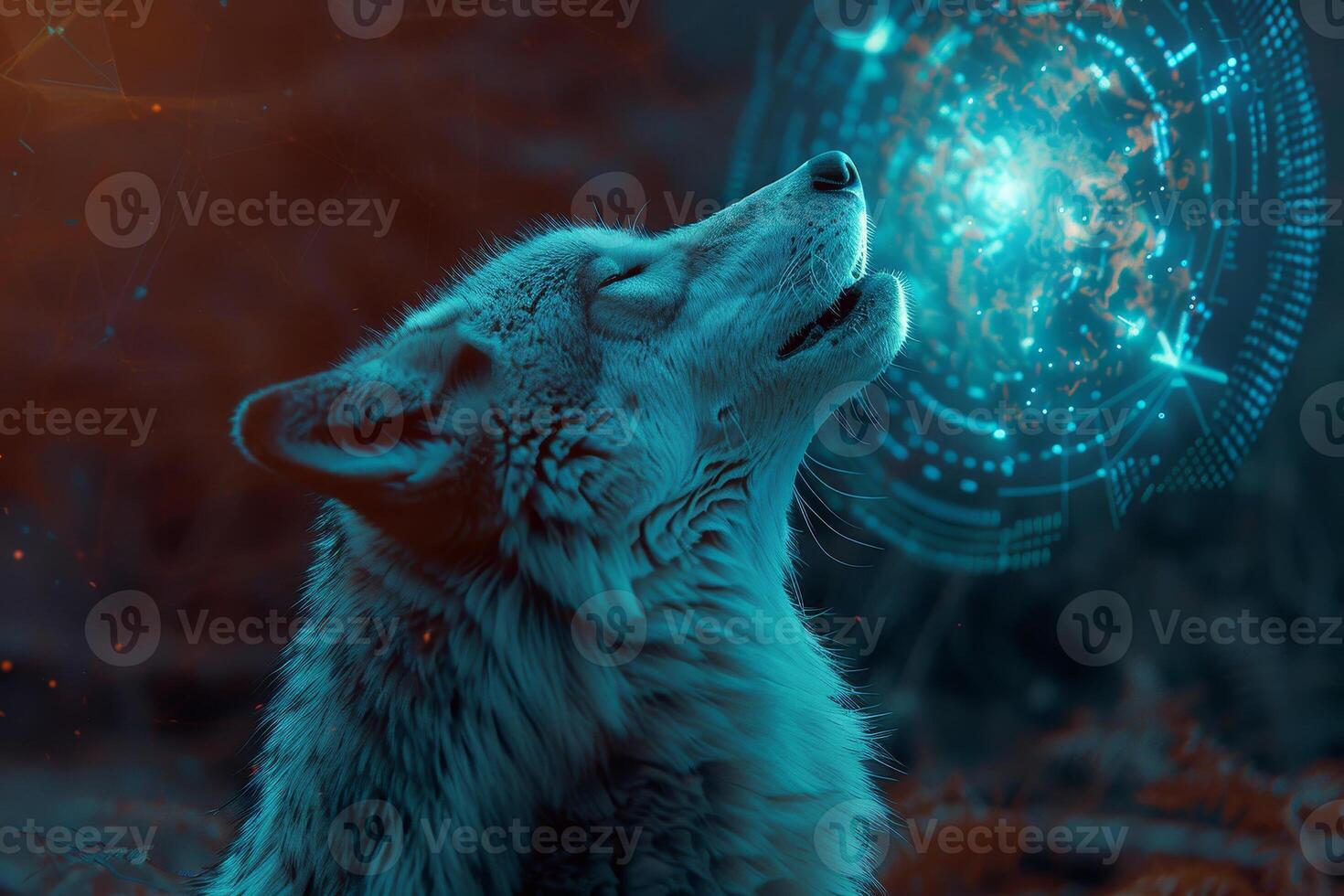 A wolf looking up at a glowing circle photo