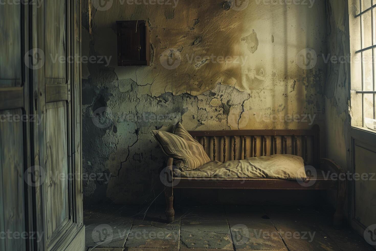 A room with a bench and a window photo