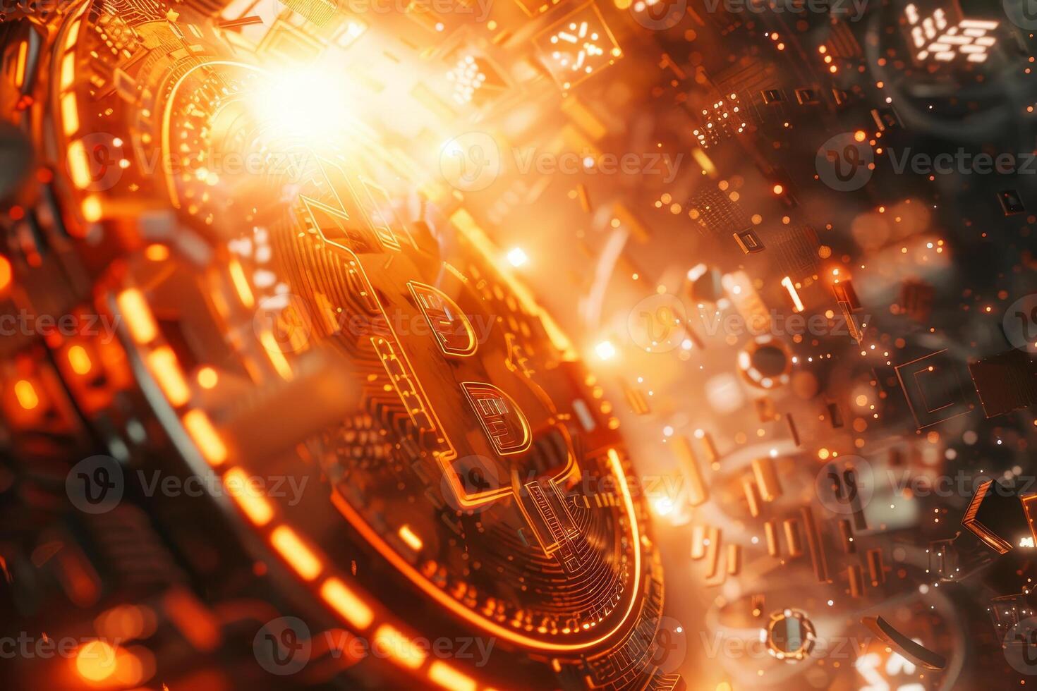 Bitcoin mining in the dark with glowing lights photo