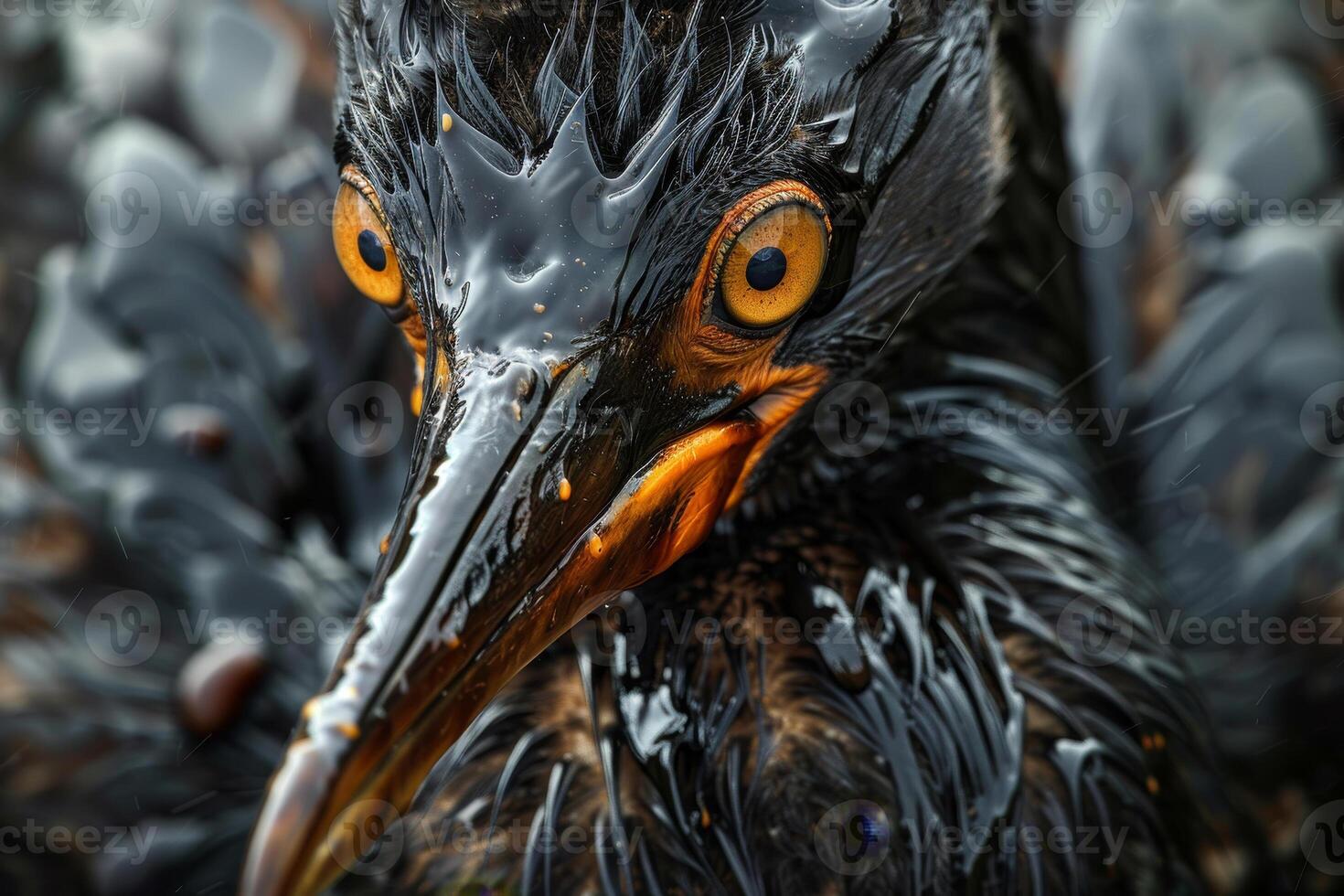 A close up of a bird with a wet face photo