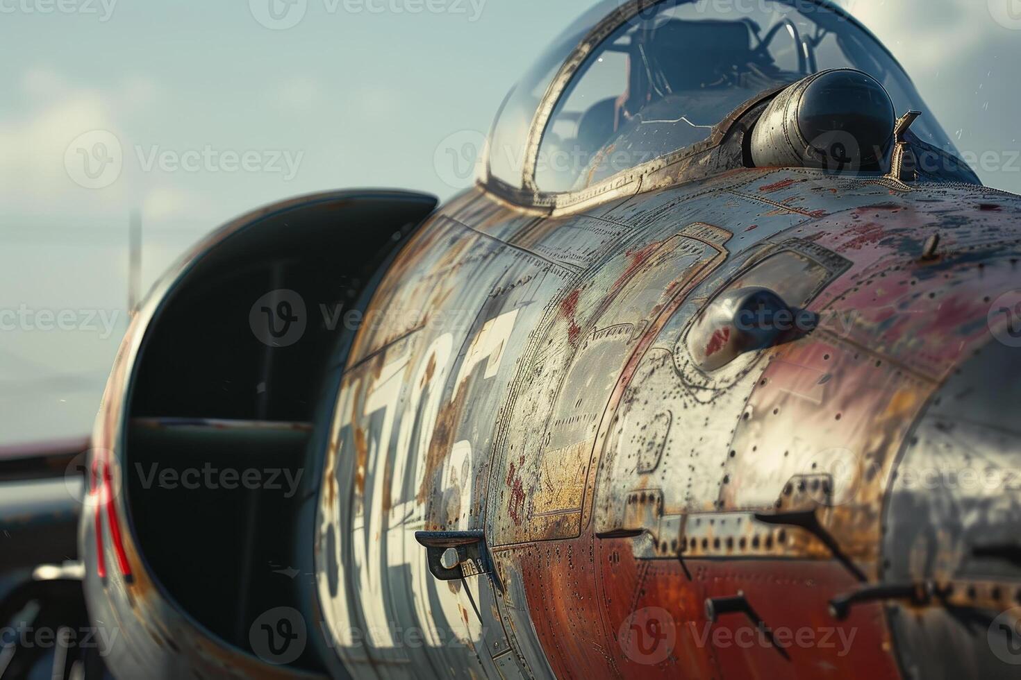 The vintage military jet stands proudly at the aviation museum, with a weathered exterior illuminated by the golden light of sunset, highlighting its rich history and engineering photo