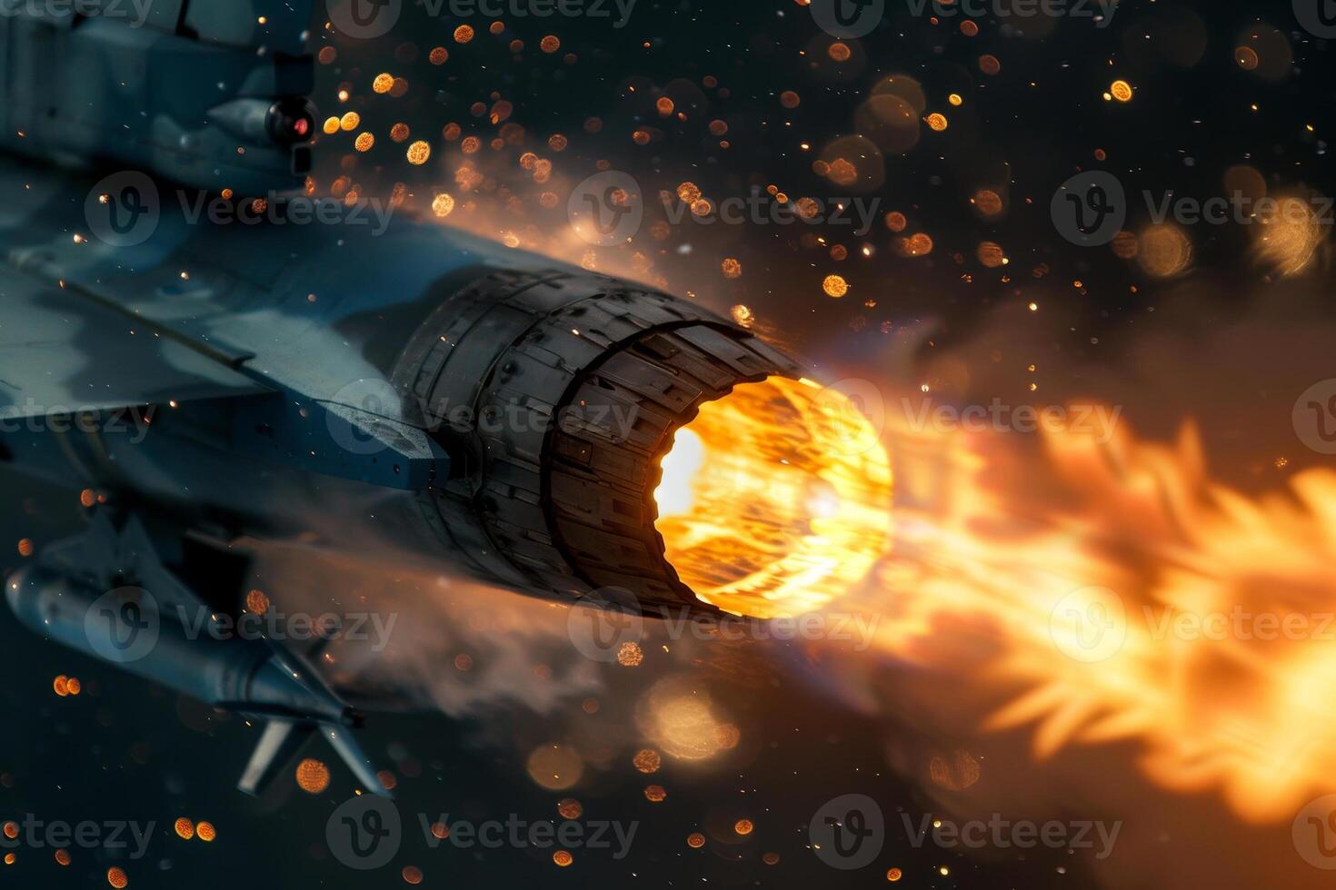 A military aircraft in flight activates its afterburner, producing a brilliant blaze of fire and sparks that illuminate the surrounding darkness, showcasing engine power and speed photo