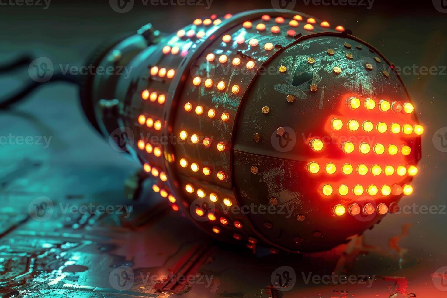 A vibrant, futuristic device featuring numerous glowing lights and complex circuitry rests on a metallic surface, illuminated in an ambient environment photo