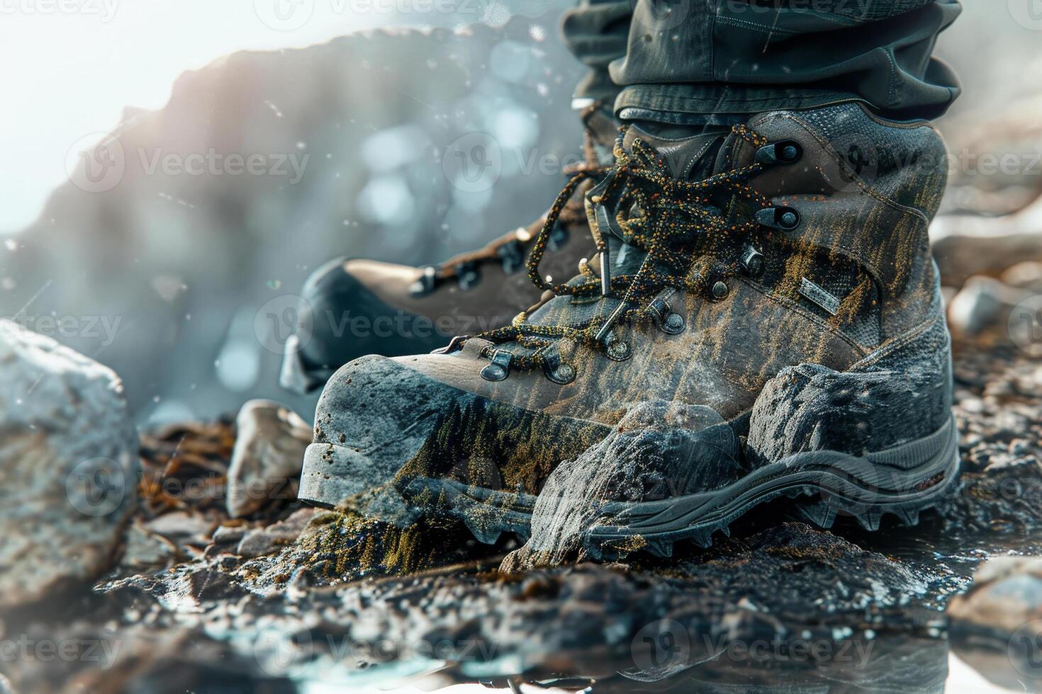 Sturdy hiking boots rest on a rocky surface close to a flowing river, surrounded by nature, highlighting a moment of outdoor adventure in the mountains photo