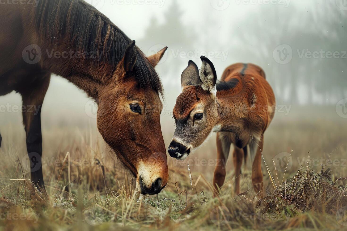 In a tranquil meadow enveloped by morning fog, a horse bends down to nuzzle a curious young deer. The soft light highlights their interaction, emphasizing harmony in nature photo