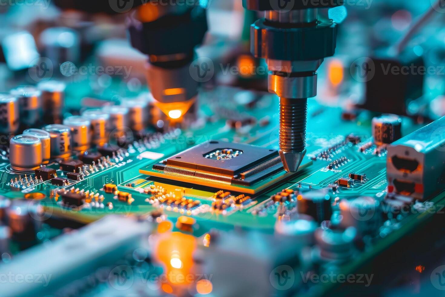 Technicians are meticulously placing a microprocessor onto a circuit board using advanced machinery, illuminated by blue and orange lights in a laboratory setting photo