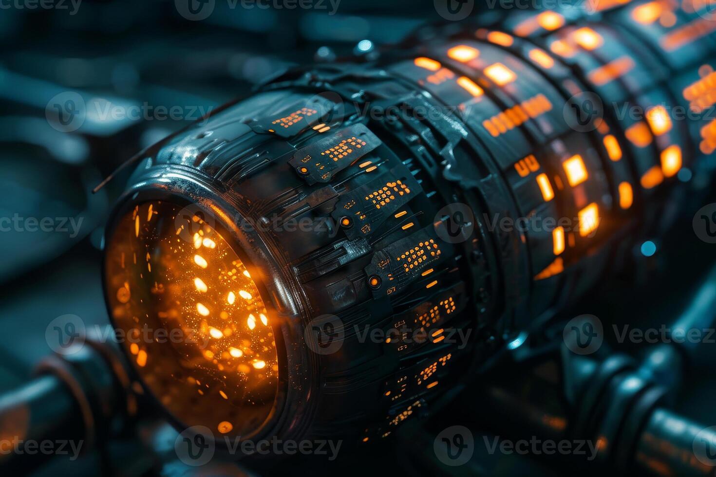 A detailed close-up reveals a futuristic device with vibrant orange lights illuminating complex circuitry. This technology evokes a sense of advanced engineering in a dim environment photo