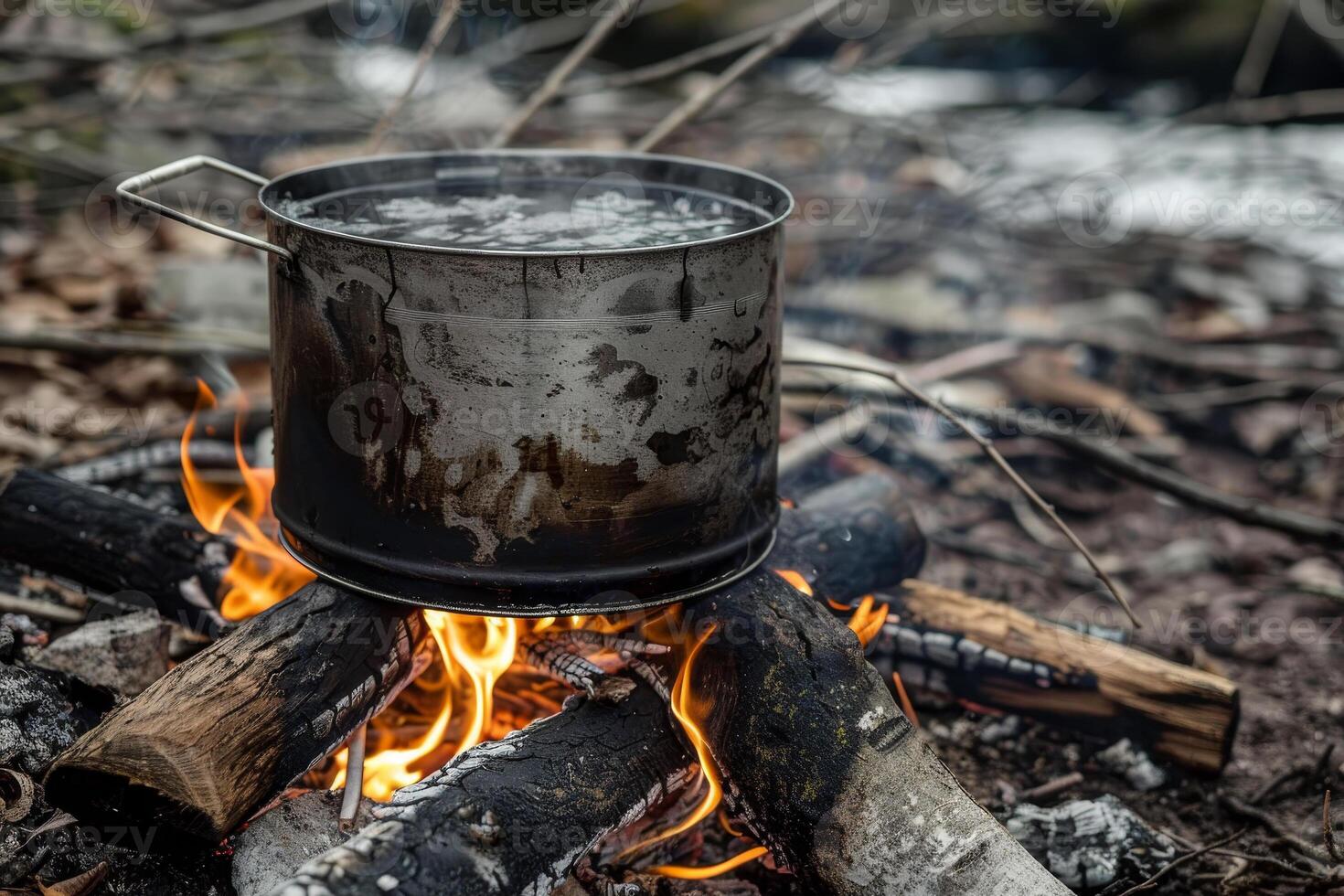 A metal pot sits on a roaring campfire, boiling water as flames lick up around it, nestled among fallen leaves and scattered logs in a tranquil outdoor area photo