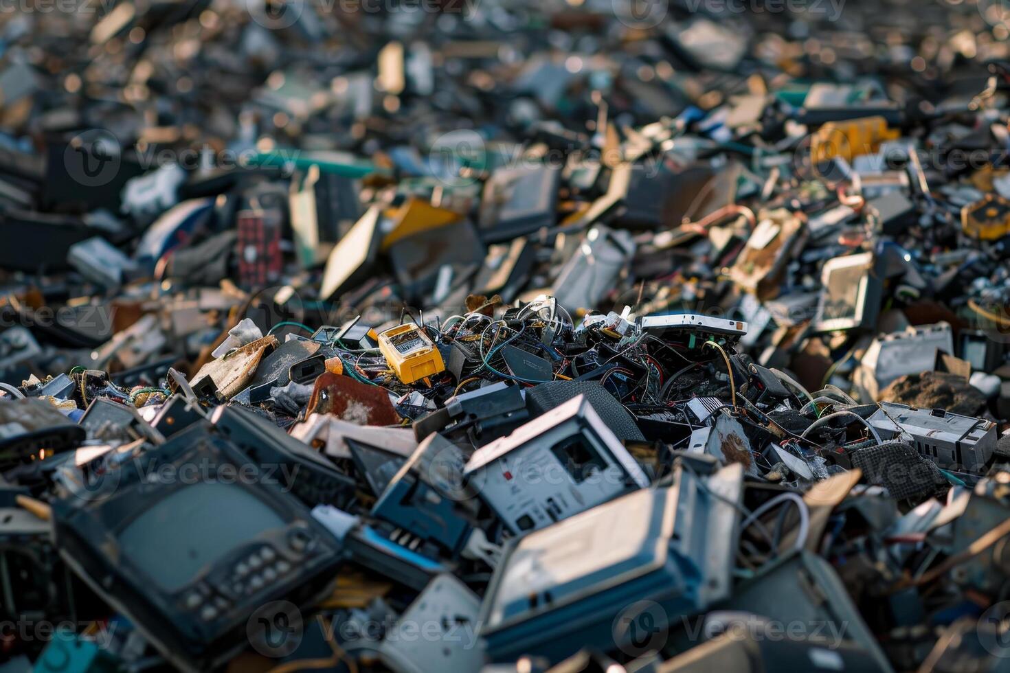 A vast area filled with discarded electronic devices such as old televisions, computers, and circuit boards reflects the growing e-waste problem in modern society photo