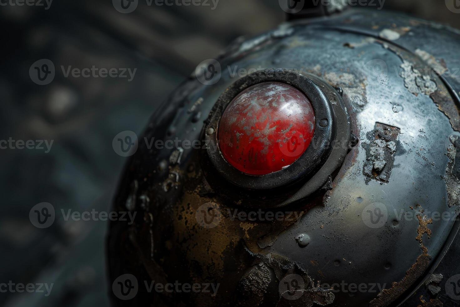 A close-up captures a worn metal sphere featuring a striking red button at its center. The surface reveals rust and age, indicating long-term exposure to the elements and industrial use photo