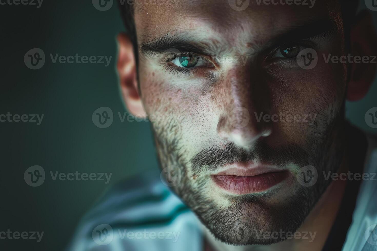 A young man gazes intensely at the camera, featuring captivating green eyes and a defined jawline. The low light highlights his unique features and expression photo