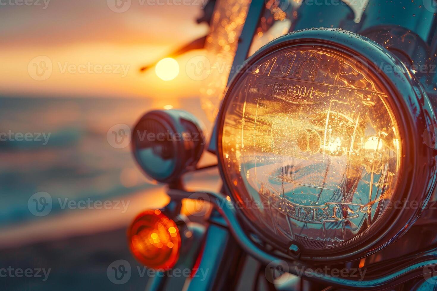 A rustic motorcycle headlight glistens with raindrops as the sun sets over the ocean, casting warm reflections on the chrome surfaces and creating a serene atmosphere photo
