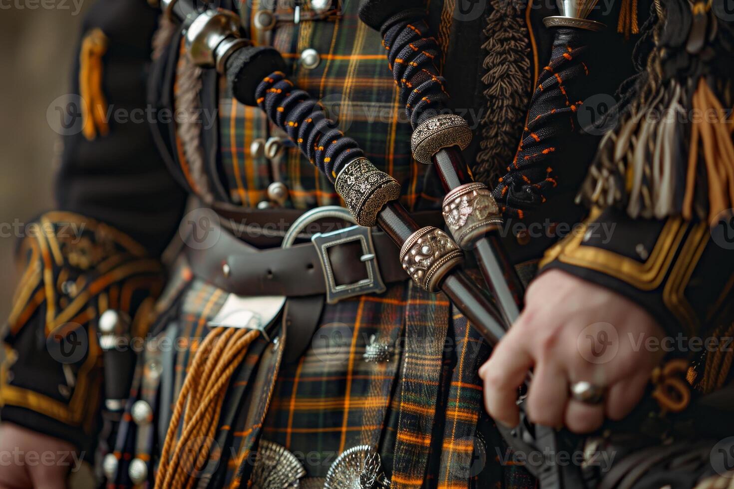 A person dressed in traditional Scottish clothing stands proudly, highlighting the intricate designs and historical significance of their attire during a regional festival photo