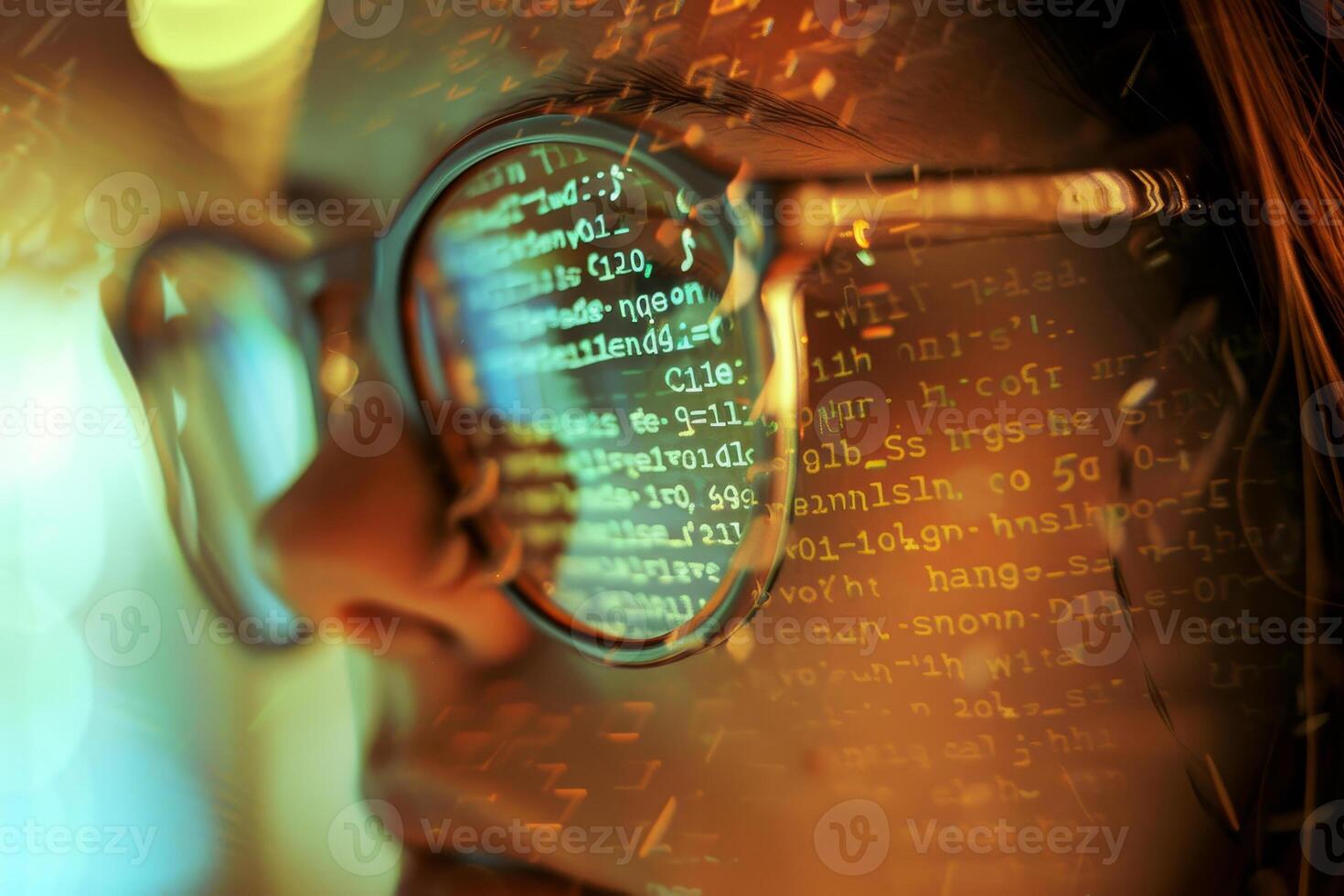 The reflection in the glasses showcases lines of binary code, indicating a connection to programming or data analysis in a colorful, illuminated setting photo
