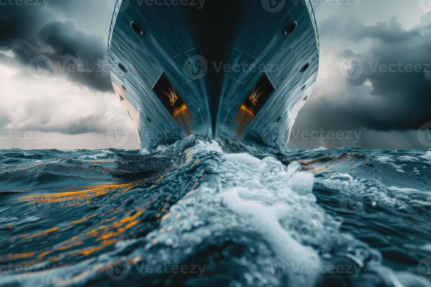 A large ship navigates through choppy seas, creating splashes as it moves forward. Ominous dark clouds loom overhead, with sunlight illuminating the ship's bow photo