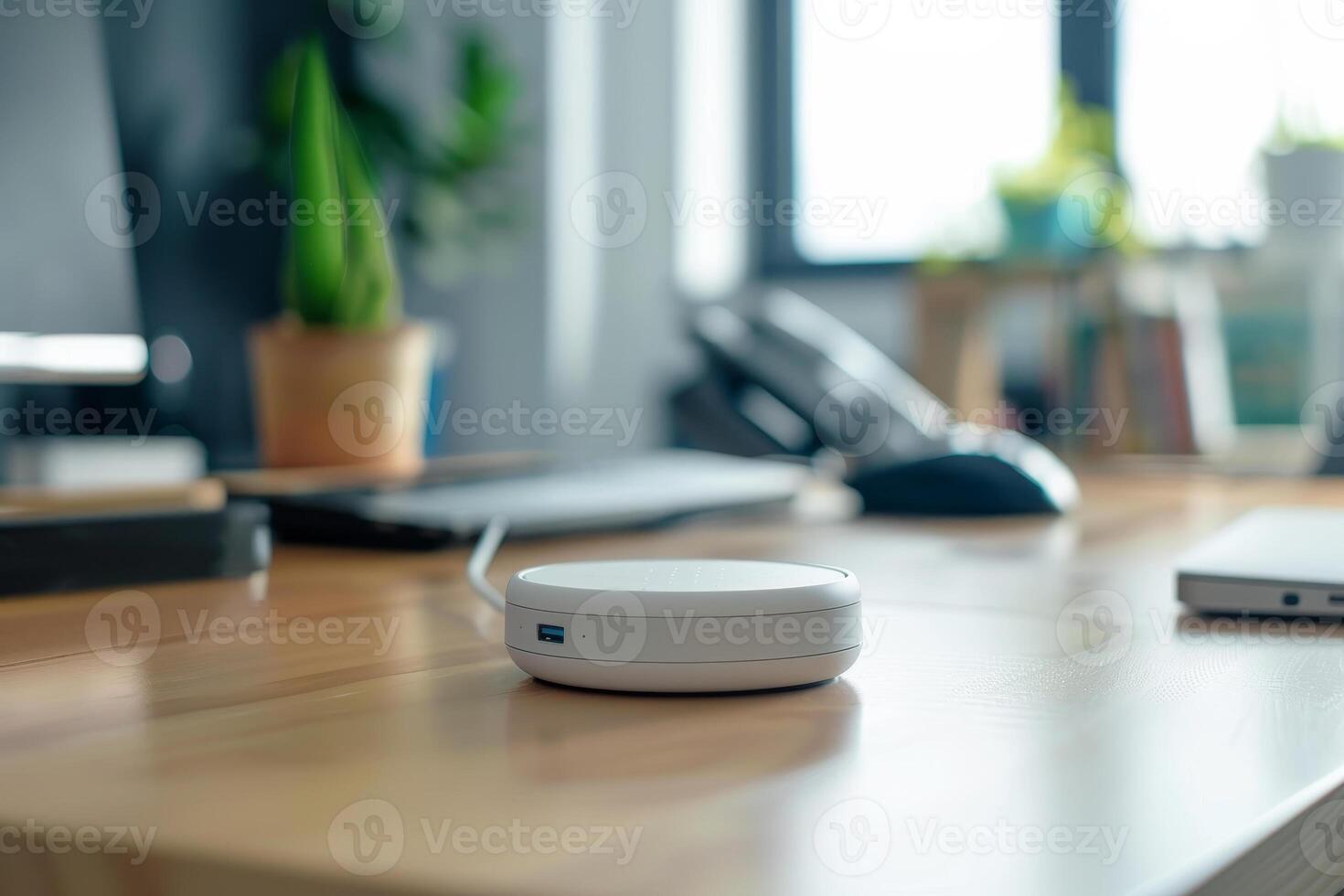 The workspace is organized and contemporary, showcasing a wireless charger on a wooden surface with a potted plant and office tools in a bright room photo