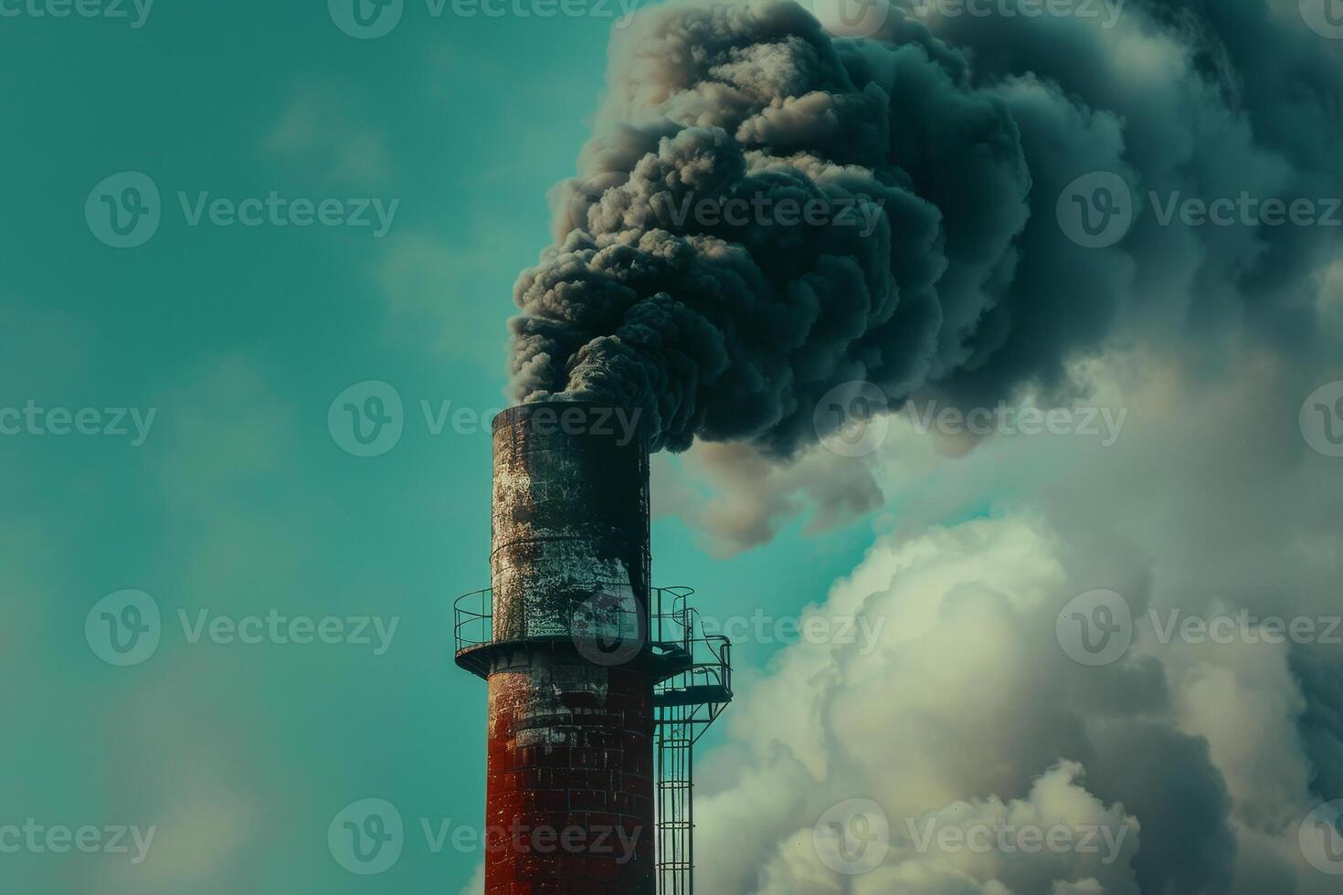 Thick smoke rises from a tall chimney in an industrial zone, contrasting against the blue-green backdrop of clouds, highlighting environmental concerns during the afternoon hours photo