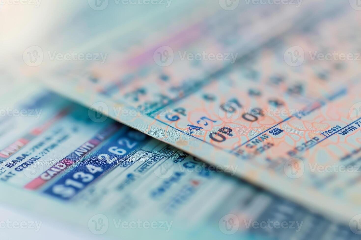 Colorful lottery tickets lie on a surface, displaying various numbers and patterns. The tickets offer a glimpse into the excitement of potential winnings photo