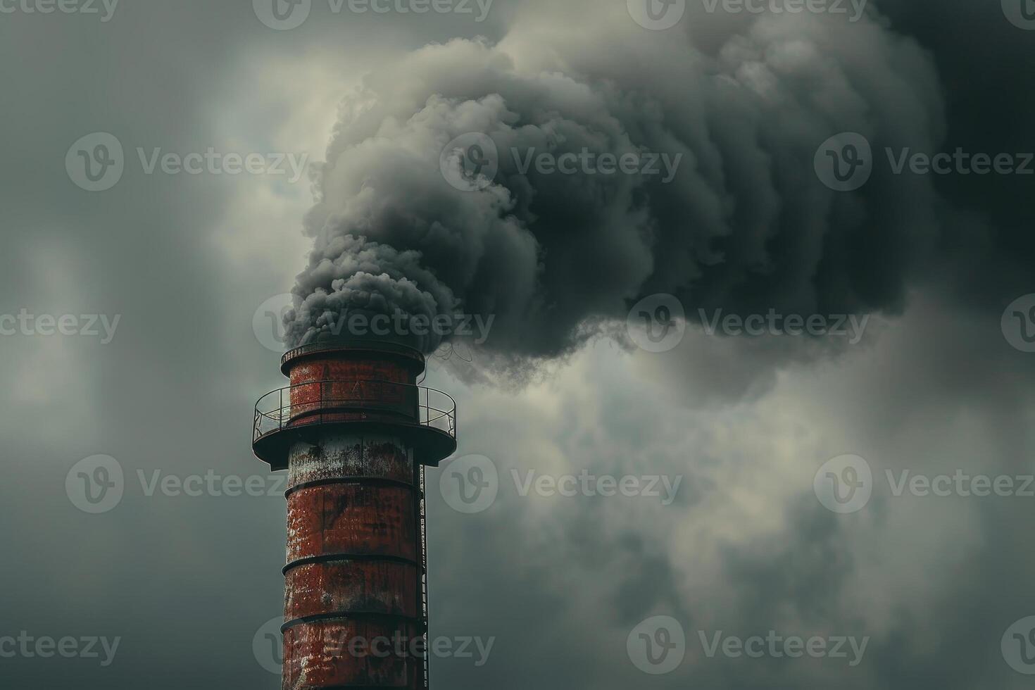 Thick, dark smoke pours from the top of a tall industrial chimney, contrasting with a gloomy sky filled with gray clouds. The scene evokes an atmosphere of pollution photo