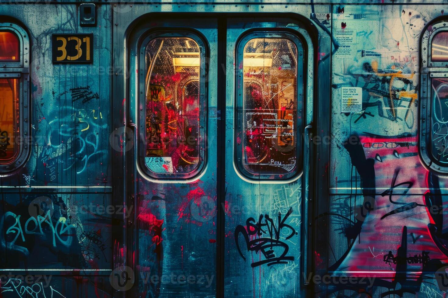 The doors of a subway train, covered in colorful graffiti, are illuminated at night. The urban atmosphere features a blend of art and public transportation, showcasing creativity photo