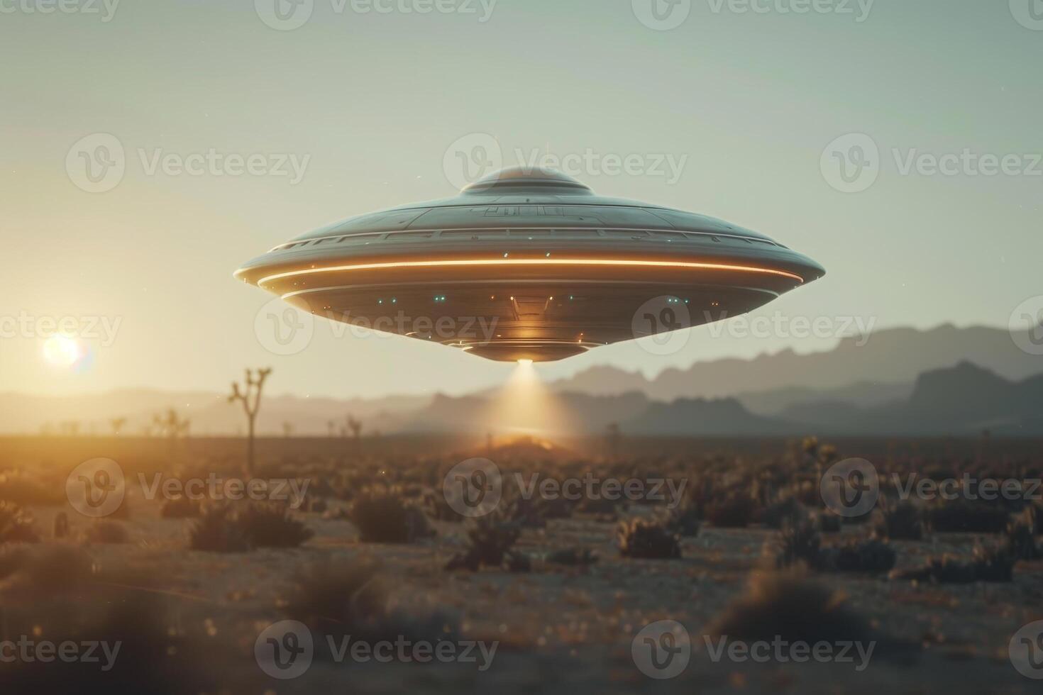 An alien spaceship flying over a desert photo