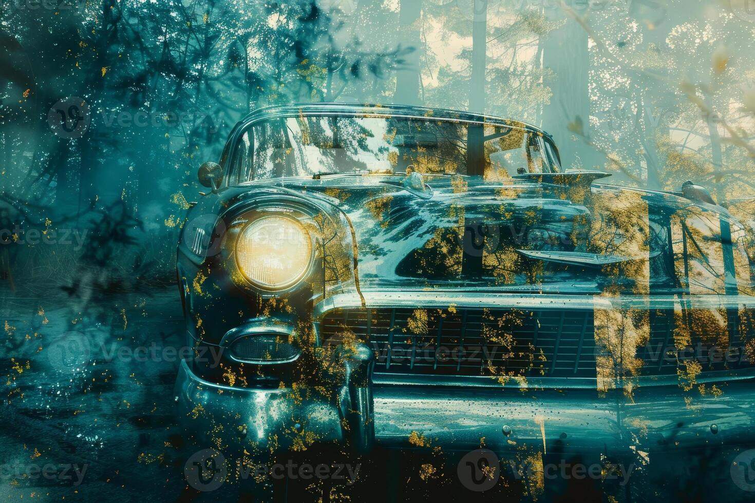 An old car is parked in the woods photo