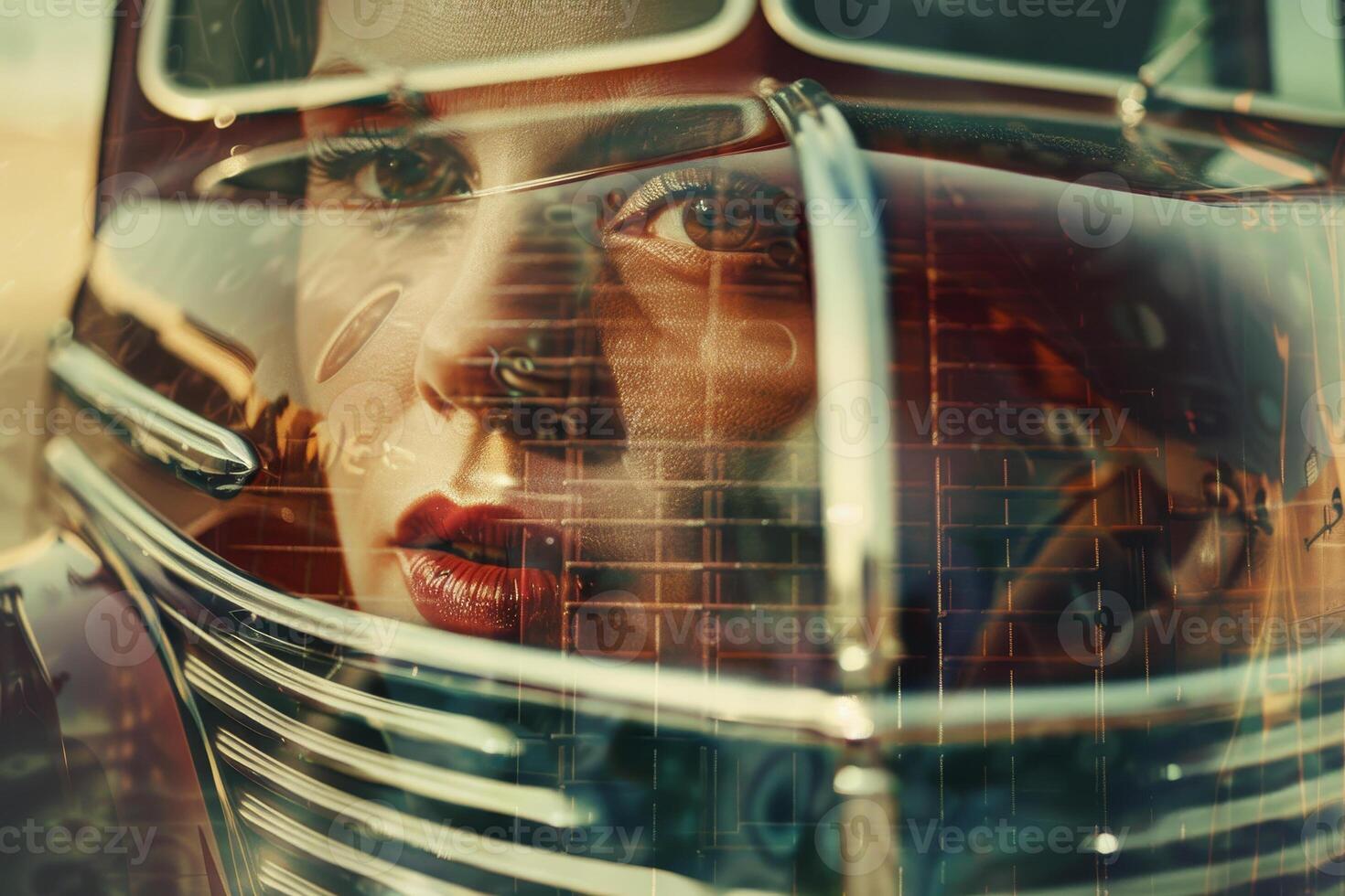 A woman's face is reflected in the front of a car photo