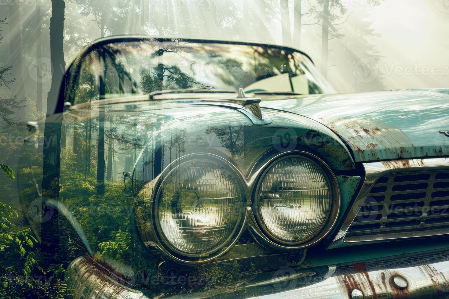 An old car in the woods with the sun shining through the trees photo