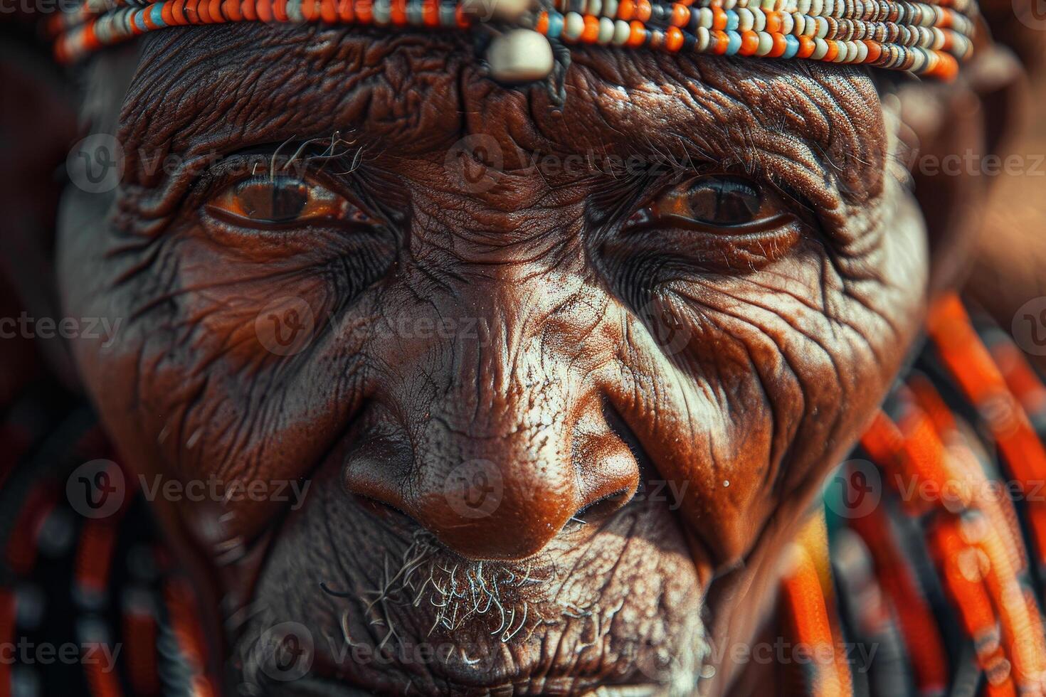 An old man with a headdress and beads photo