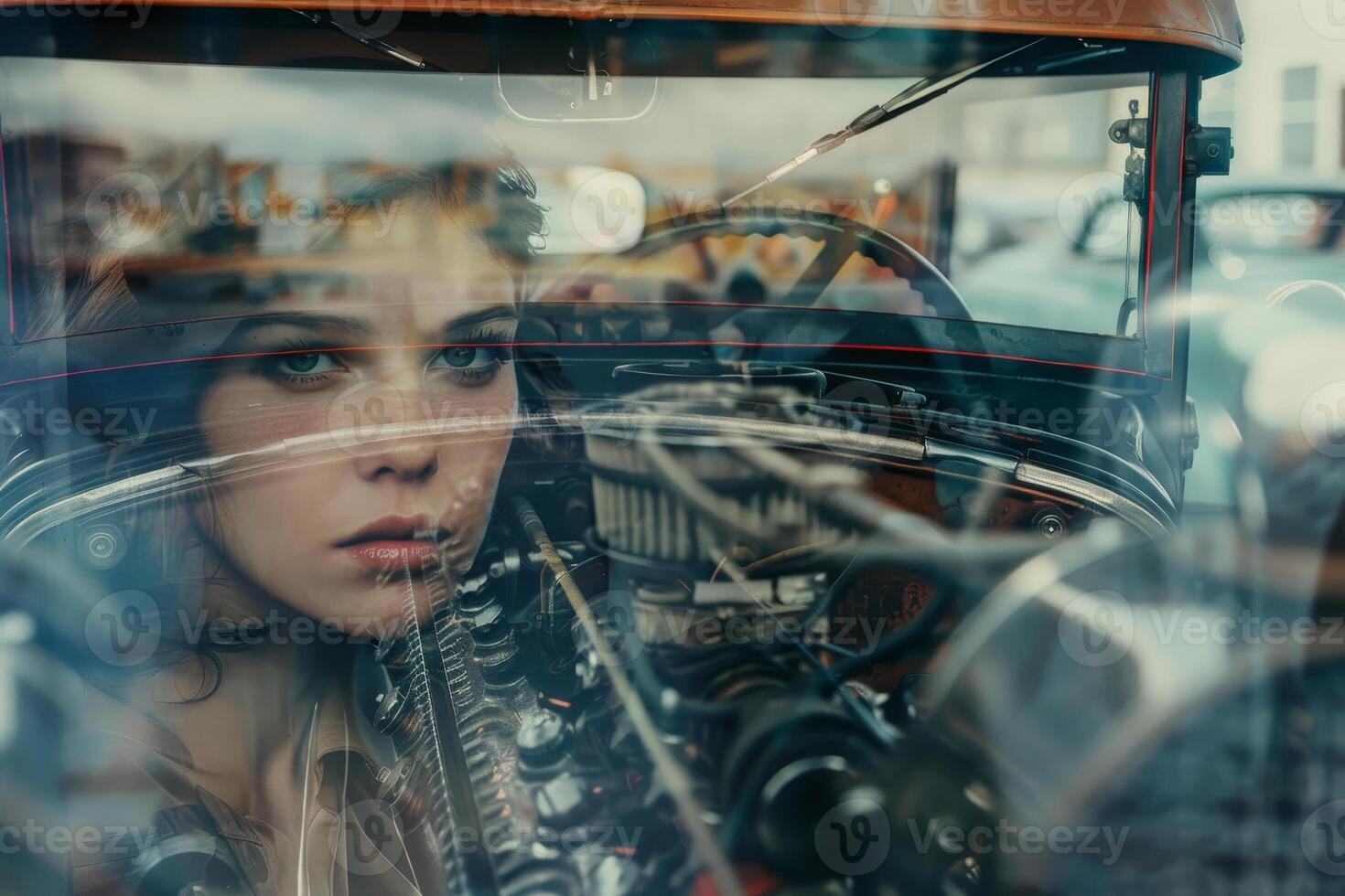 A woman is looking through the window of an old car photo
