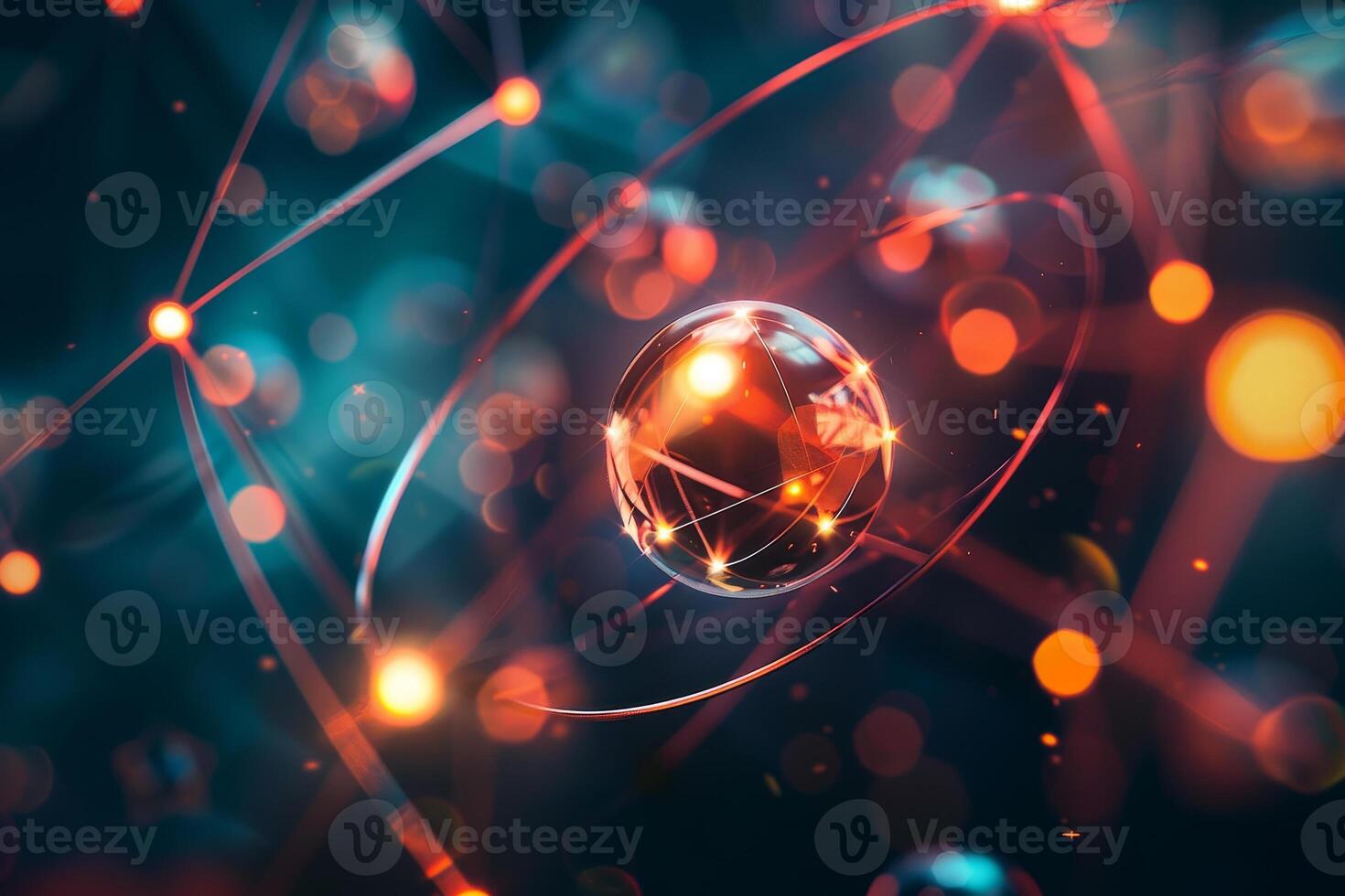 An abstract image of a sphere surrounded by glowing lights photo