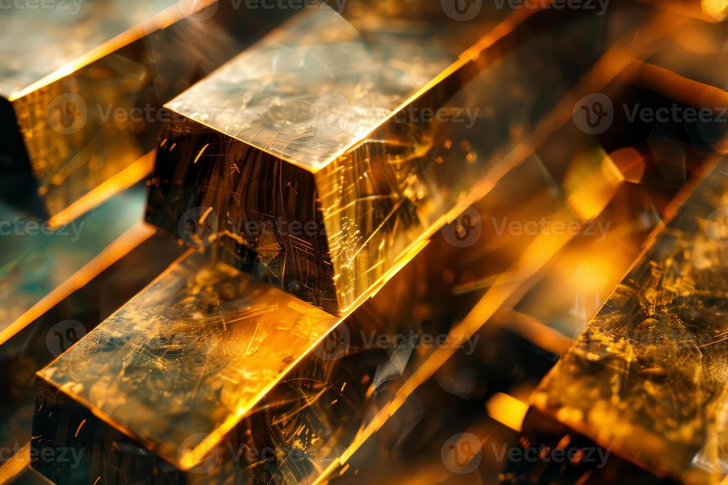 Glistening gold bars are stacked closely, reflecting light in various angles. The warm tones create an enchanting atmosphere, emphasizing the richness of the material photo