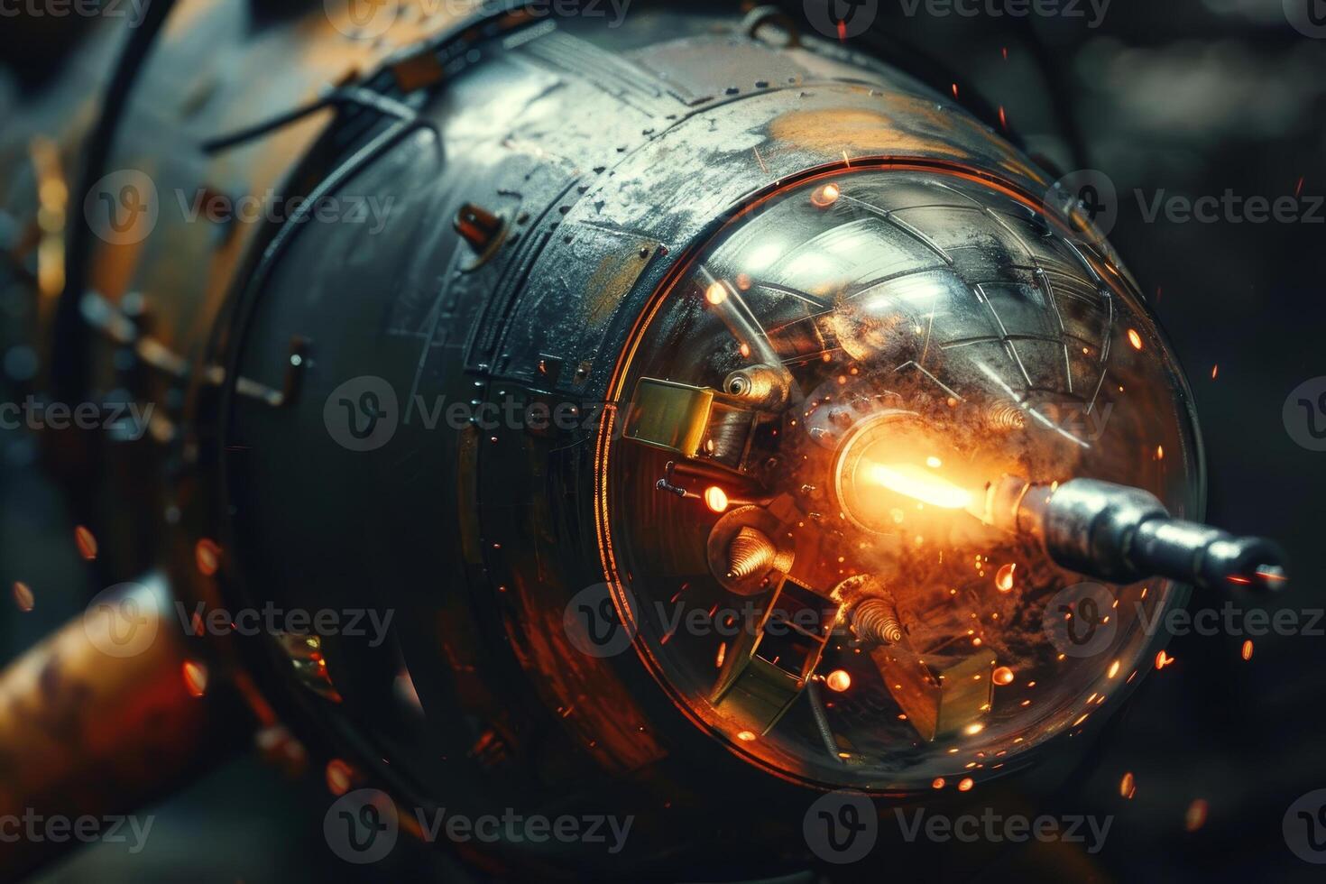A close-up view reveals the detailed craftsmanship of a futuristic weapon, emitting a brilliant glow. The metallic surface reflects the surrounding light, enhancing its intimidating presence photo