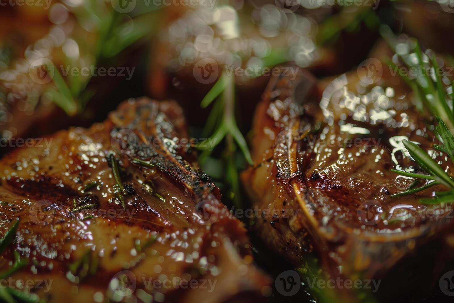Juicy lamb chops are grilled to perfection, glistening with seasoning, surrounded by fragrant herbs on a rustic table under warm evening light photo