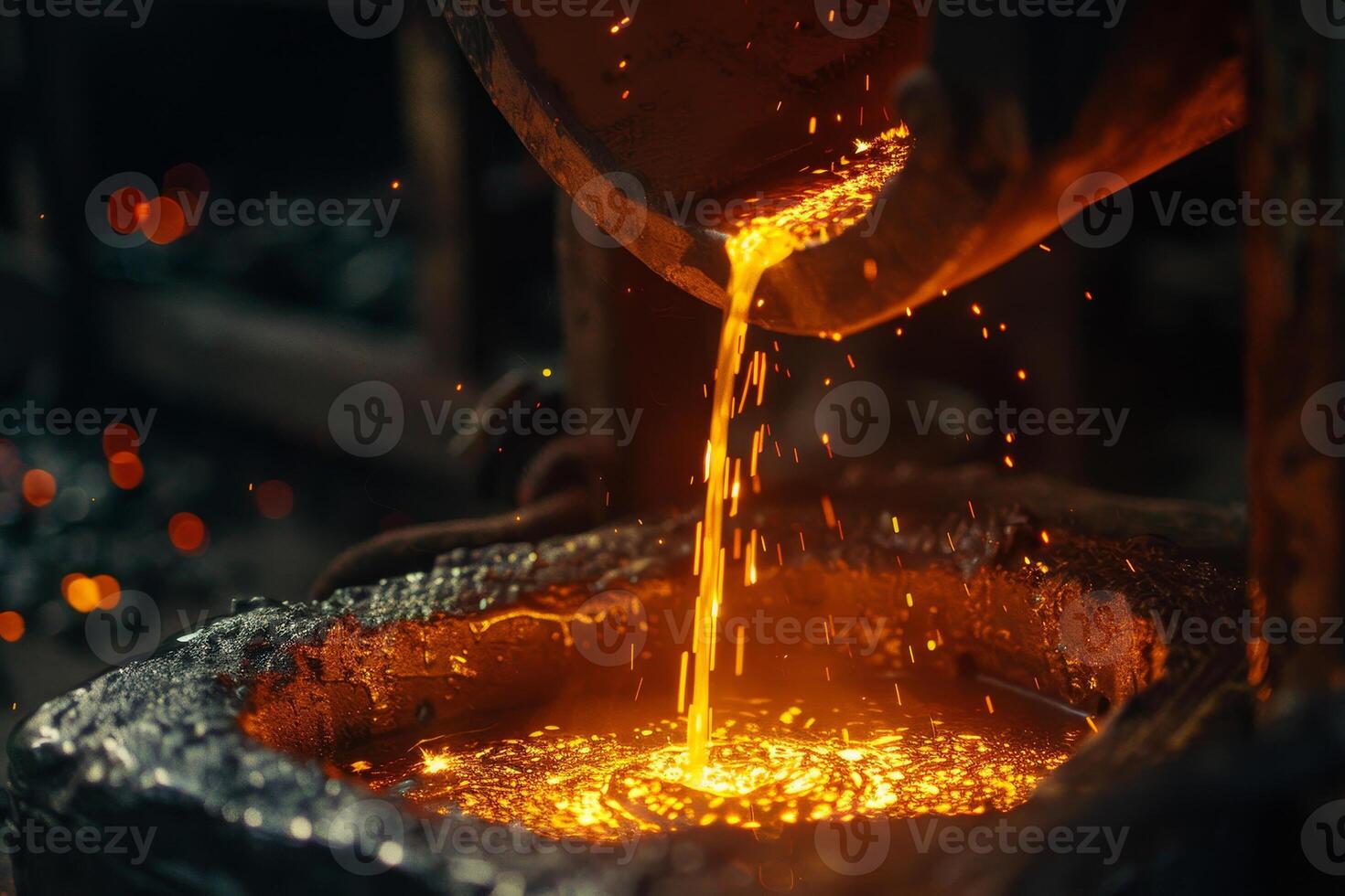 A worker carefully pours molten metal into a mold, creating bright sparks and glowing liquid in a foundry. The heat and energy of the process illuminate the surroundings photo