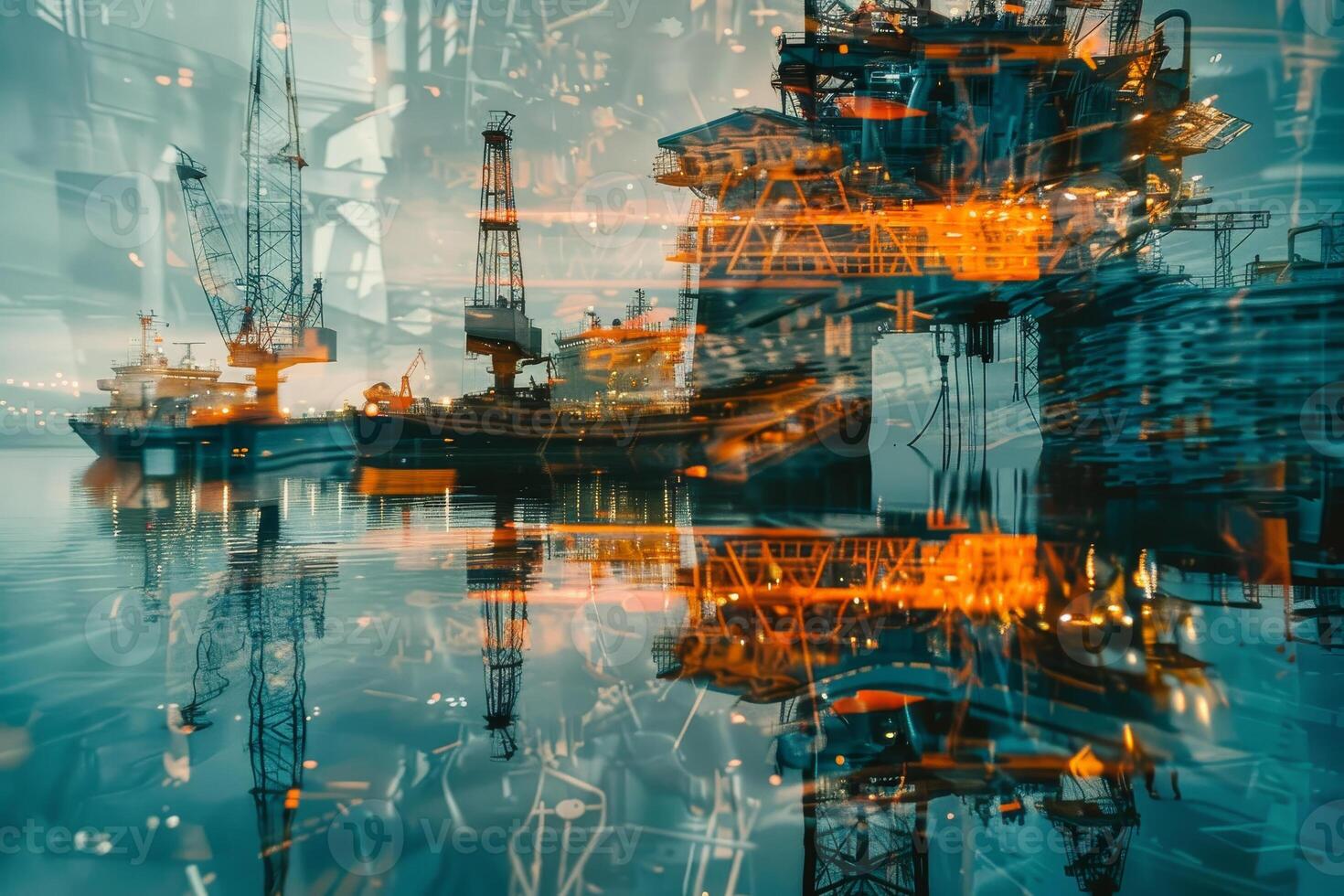 Heavy machinery rests on the water's surface as twilight casts a glow on oil drilling platforms, reflecting the advancements in the maritime industry photo