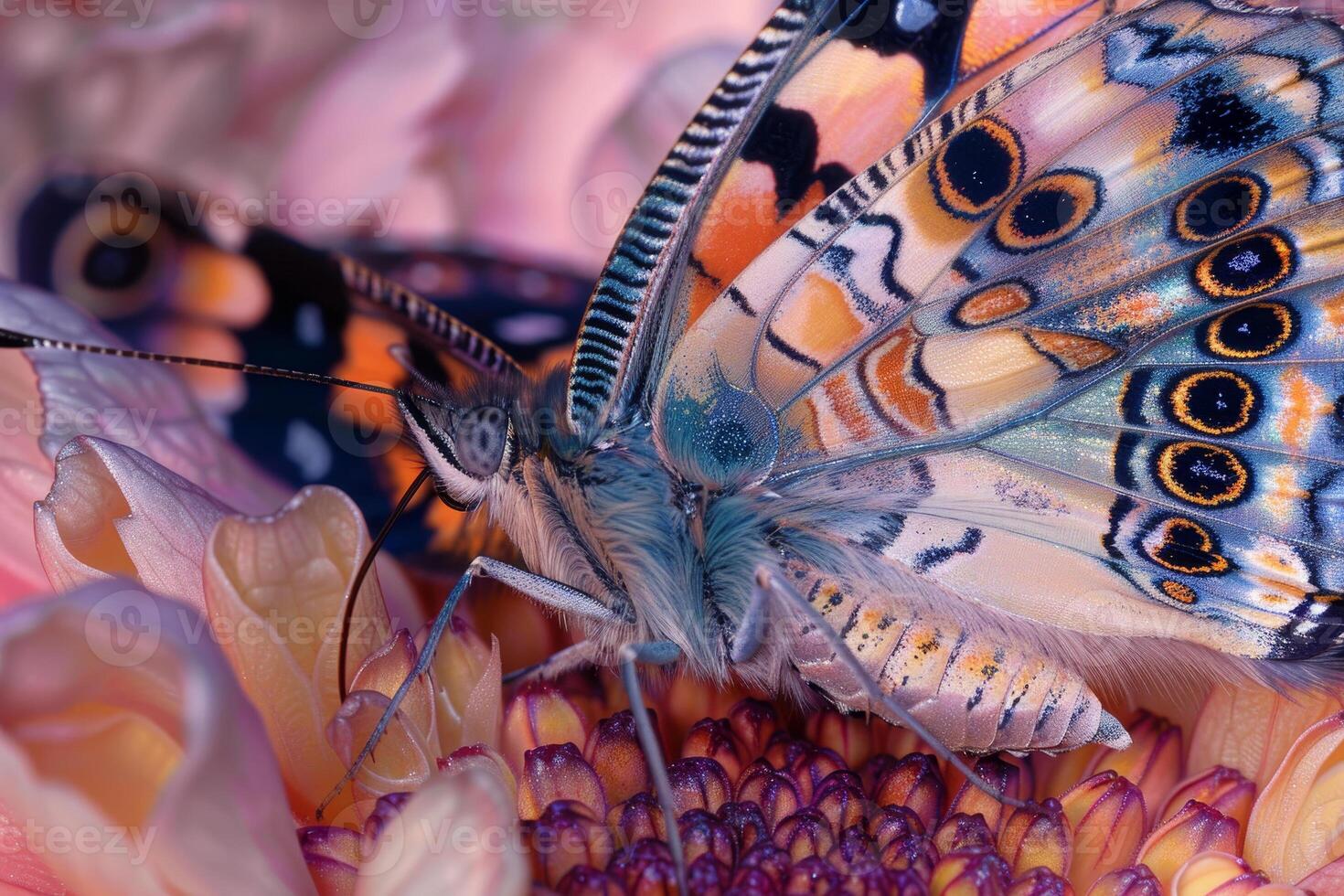 A colorful butterfly with intricate patterns sits delicately on vibrant flowers, showcasing nature's beauty in a botanical garden under the clear sky photo