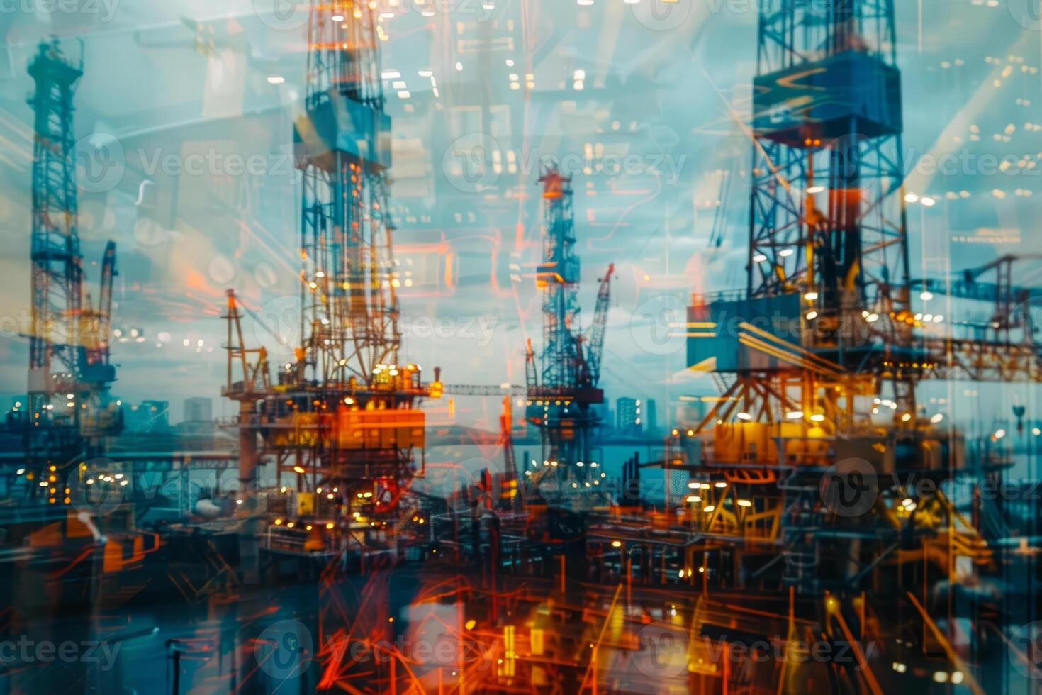 The scene captures multiple oil rigs illuminated against the twilight sky, highlighting the busy hub of energy production and maritime activity photo
