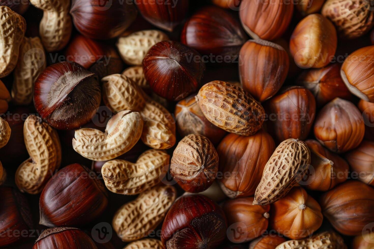 Various nuts are displayed together, featuring chestnuts and peanuts in different shapes and colors, highlighting their natural textures on a wooden background photo