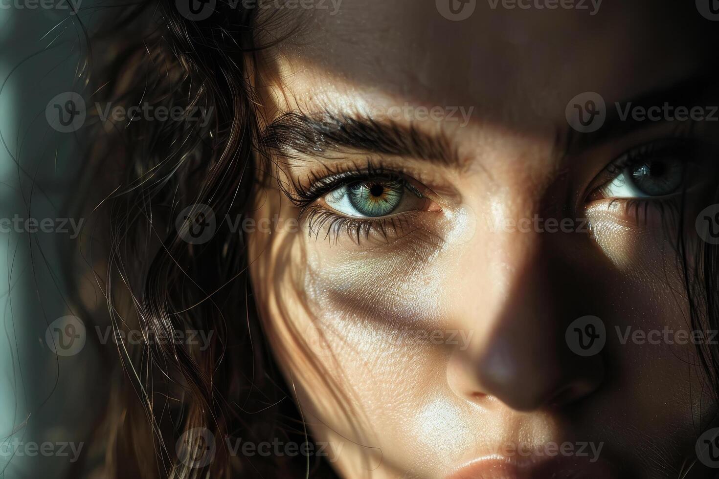 A young woman gazes into the distance with intense green eyes, enhanced by natural light filtering through window blinds, creating a dramatic effect photo
