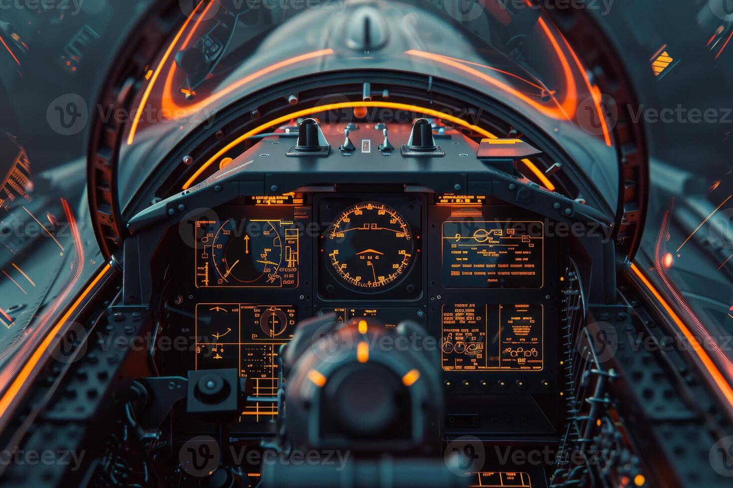 The cockpit features intricate controls and gauges of a fighter jet, illuminated by vibrant lights, emphasizing the high-tech environment experienced during flight training photo
