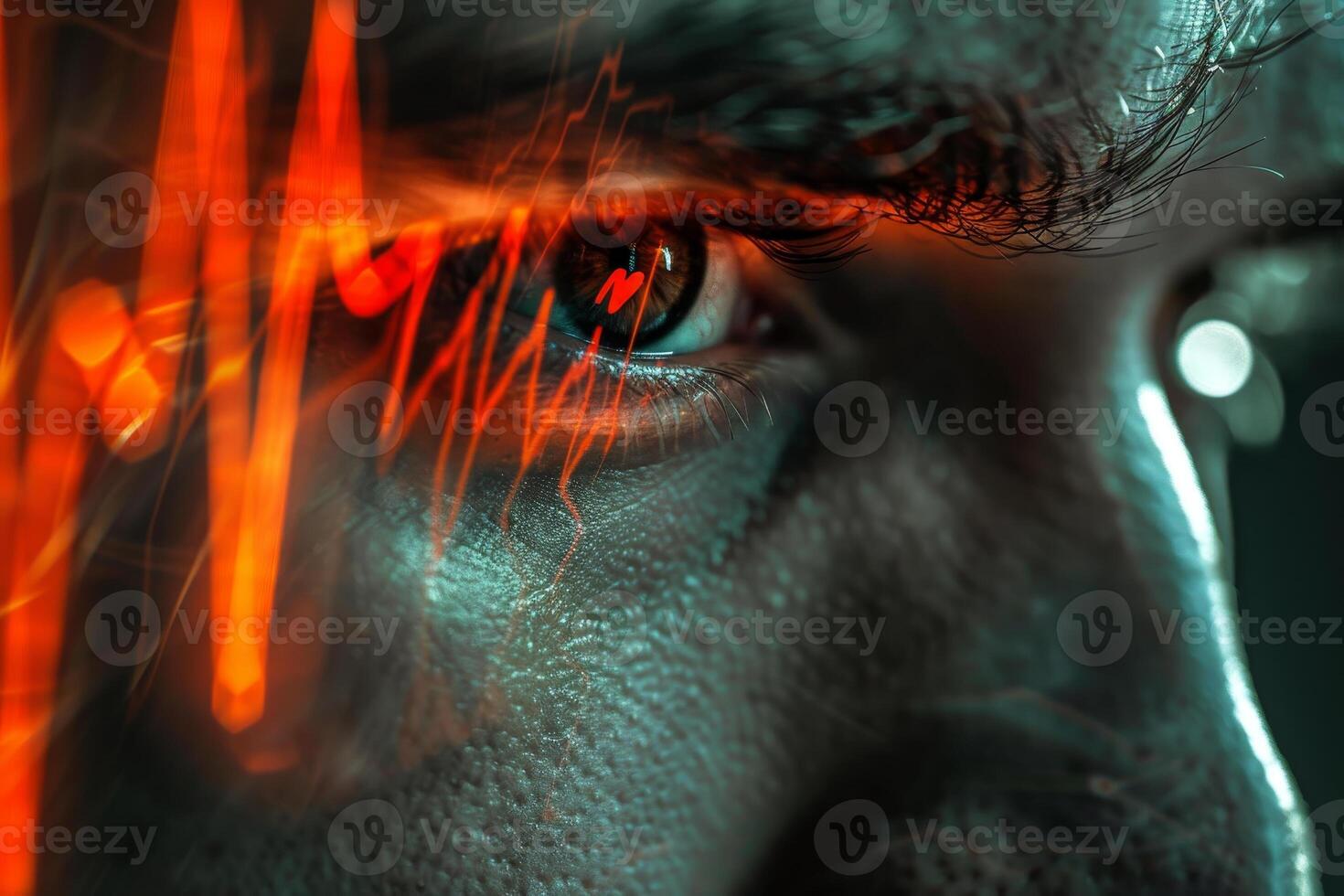 A person gazes intently as a glowing pulse rate graph overlays their eye, symbolizing health monitoring in a dimly lit environment at night photo