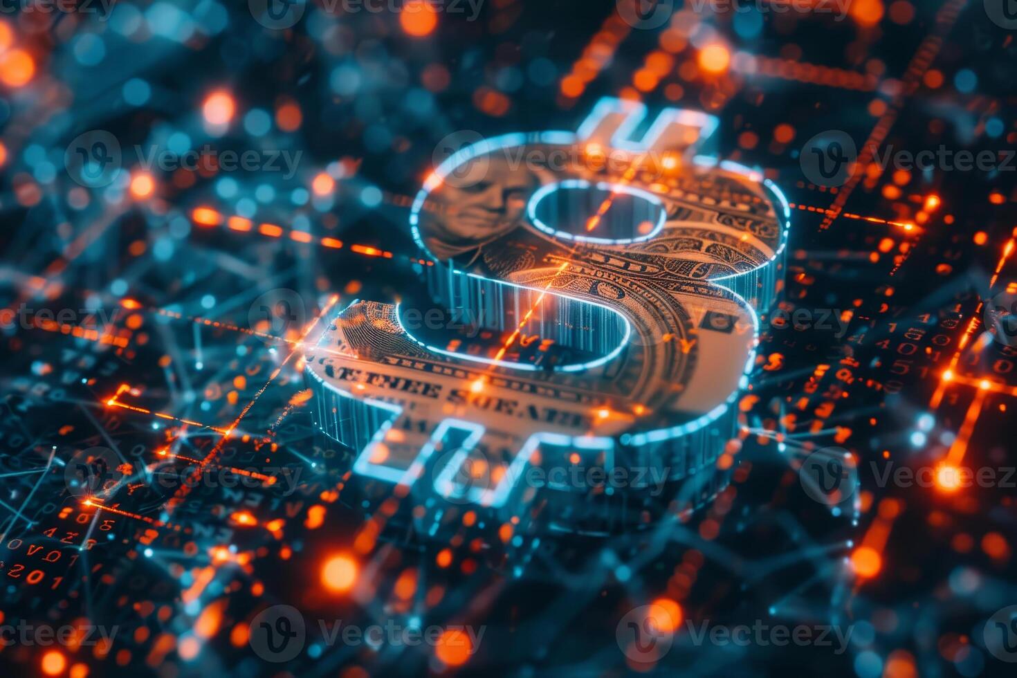 A glowing dollar sign is presented against a backdrop of interconnected data points and lines, illustrating the concept of digital currency and financial networks photo