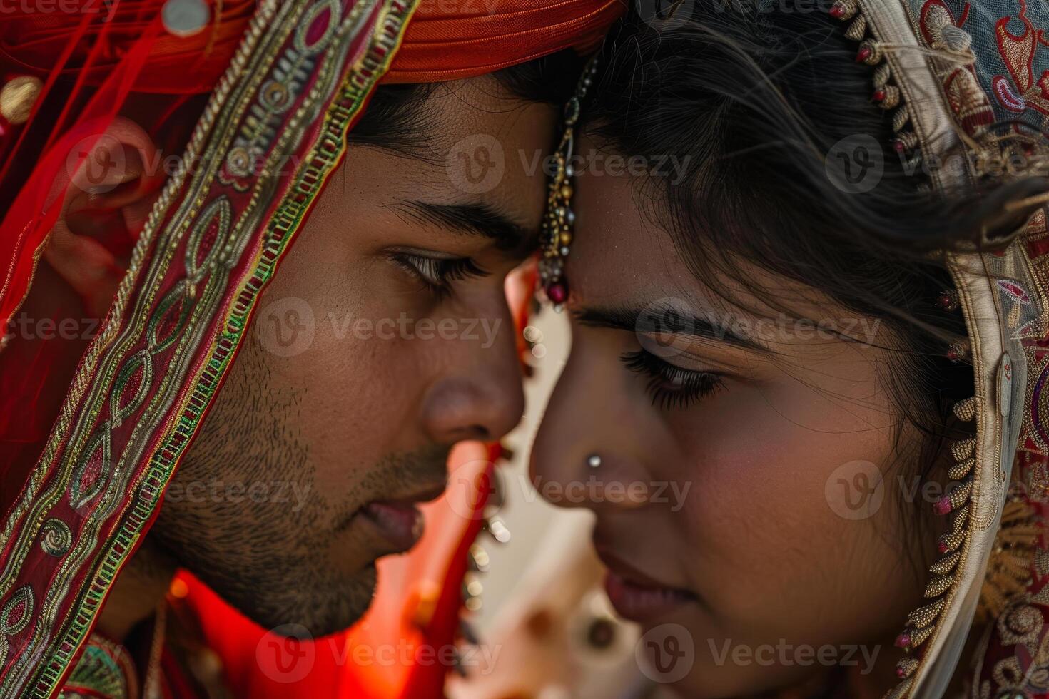 A couple dressed in vibrant traditional clothing share an intimate moment, their foreheads nearly touching. The setting reflects their cultural background and deep connection photo